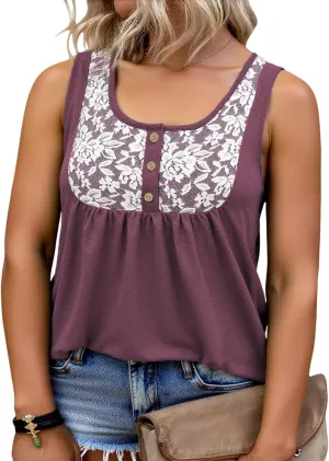 ROSRISS Plus Size Tank Tops for Women Summer Lace Buttons Tunics Cute Pleated Crewneck Blouses Loose Fit Curved Hem T-Shirts