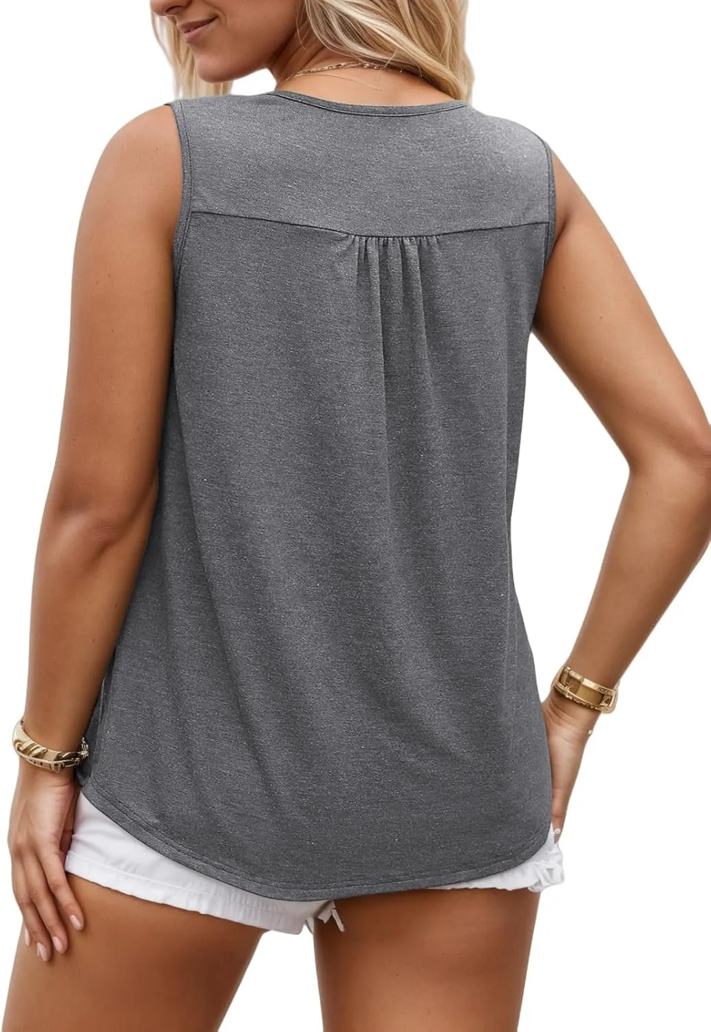 ROSRISS Plus Size Tank Tops for Women Summer Lace Buttons Tunics Cute Pleated Crewneck Blouses Loose Fit Curved Hem T-Shirts