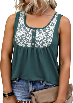 ROSRISS Plus Size Tank Tops for Women Summer Lace Buttons Tunics Cute Pleated Crewneck Blouses Loose Fit Curved Hem T-Shirts