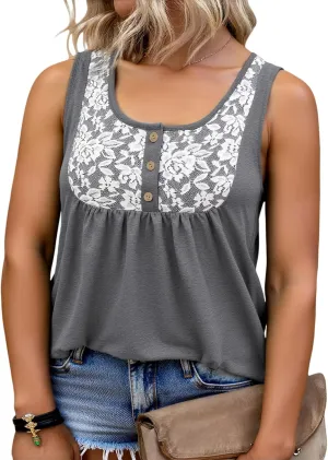 ROSRISS Plus Size Tank Tops for Women Summer Lace Buttons Tunics Cute Pleated Crewneck Blouses Loose Fit Curved Hem T-Shirts