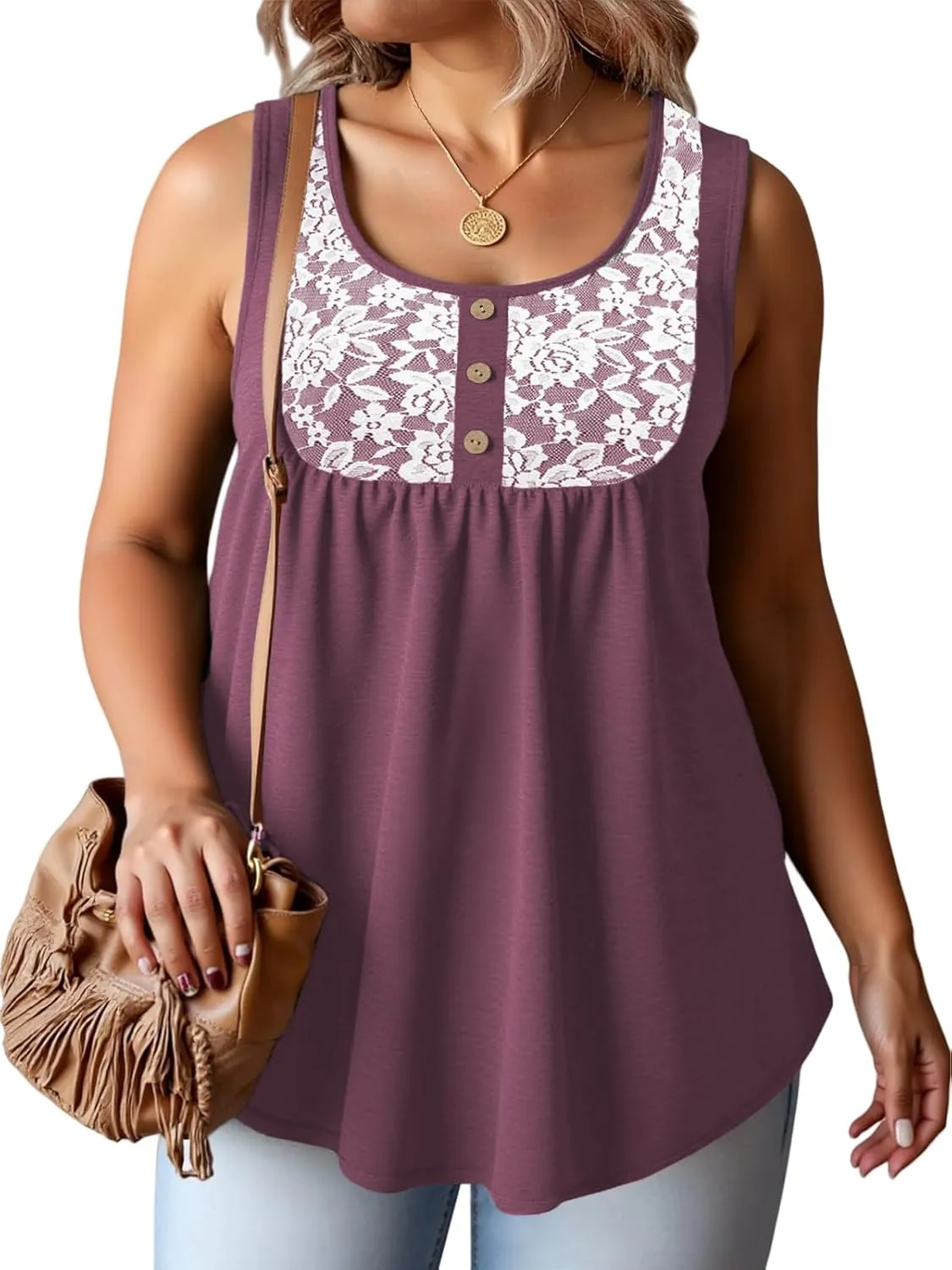 ROSRISS Plus Size Tank Tops for Women Summer Lace Buttons Tunics Cute Pleated Crewneck Blouses Loose Fit Curved Hem T-Shirts