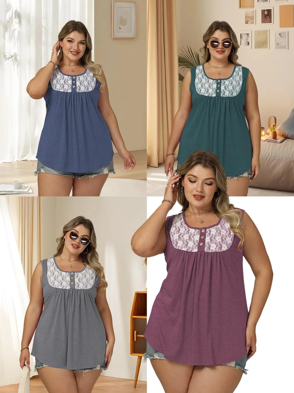ROSRISS Plus Size Tank Tops for Women Summer Lace Buttons Tunics Cute Pleated Crewneck Blouses Loose Fit Curved Hem T-Shirts