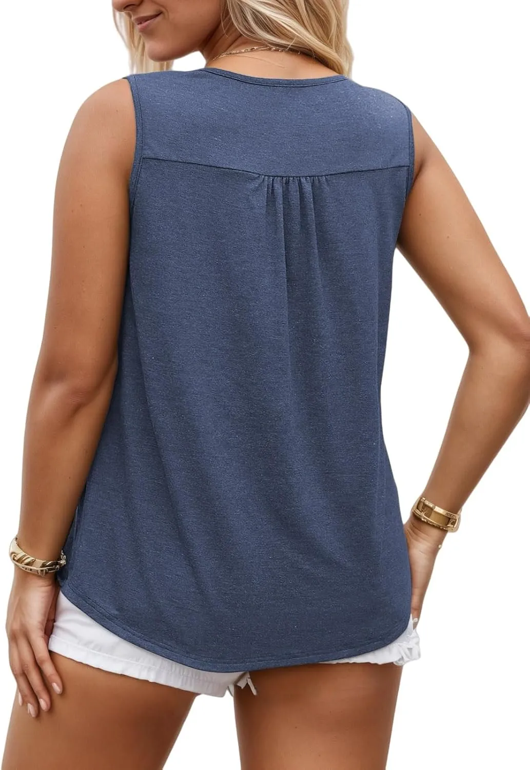 ROSRISS Plus Size Tank Tops for Women Summer Lace Buttons Tunics Cute Pleated Crewneck Blouses Loose Fit Curved Hem T-Shirts
