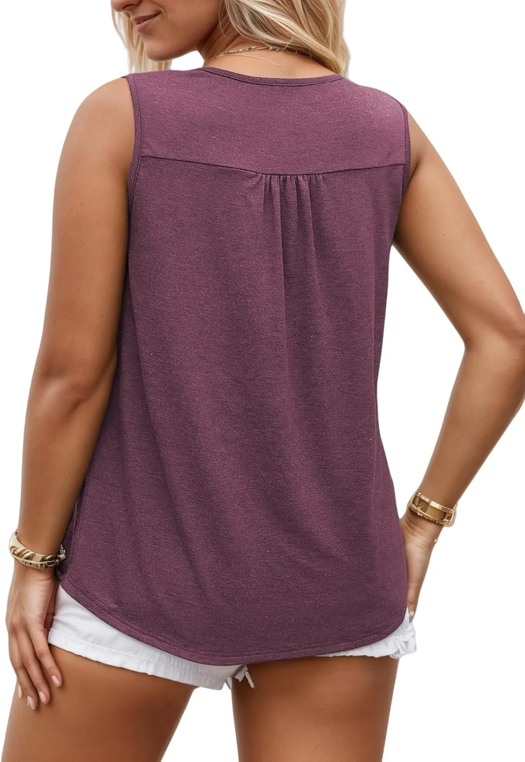 ROSRISS Plus Size Tank Tops for Women Summer Lace Buttons Tunics Cute Pleated Crewneck Blouses Loose Fit Curved Hem T-Shirts