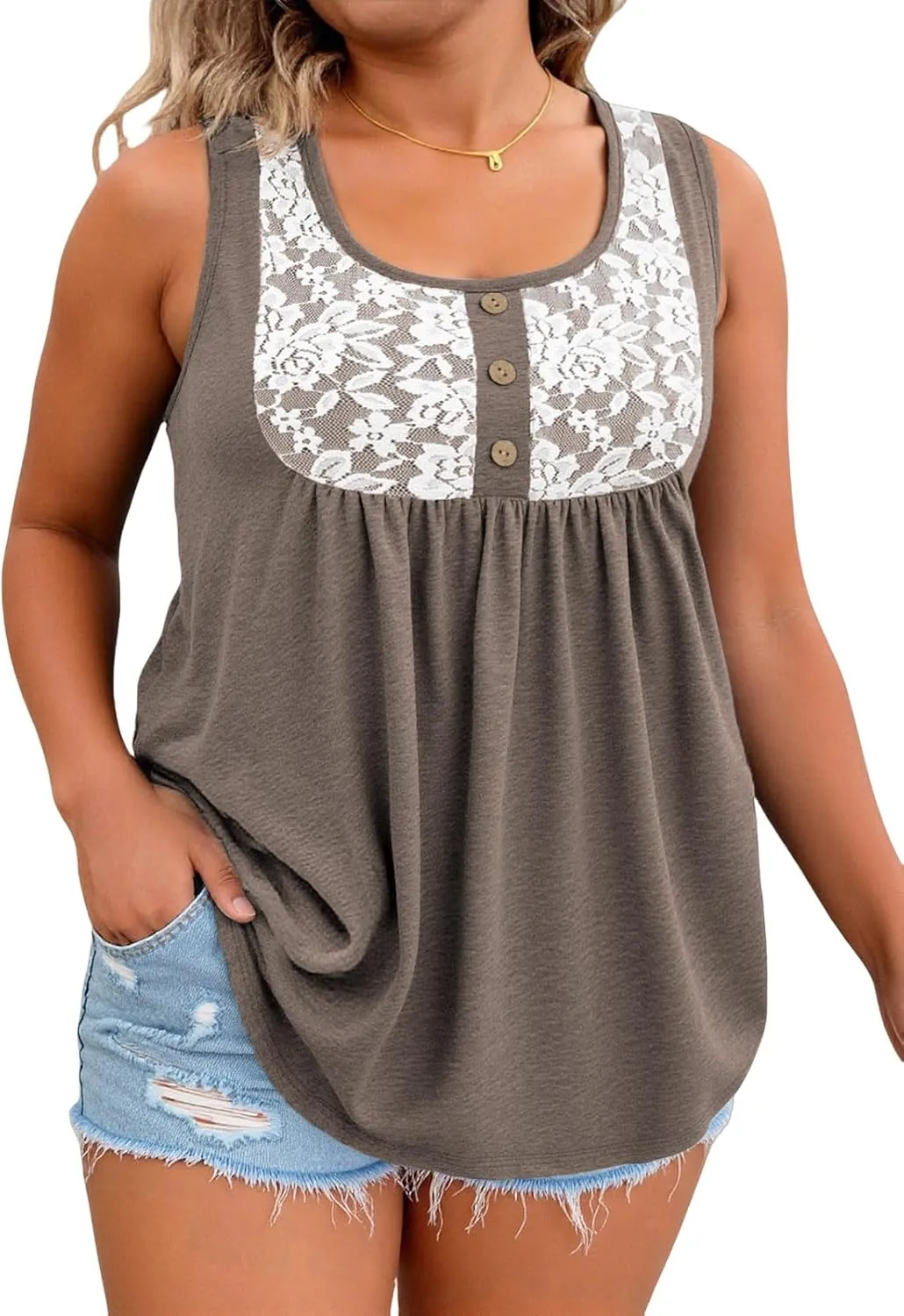 ROSRISS Plus Size Tank Tops for Women Summer Lace Buttons Tunics Cute Pleated Crewneck Blouses Loose Fit Curved Hem T-Shirts