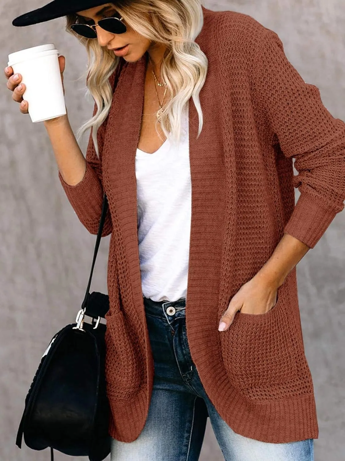Saodimallsu Womens Loose Open Front Cardigan Long Sleeve Casual Lightweight Soft Knit Sweaters Coat with Pockets