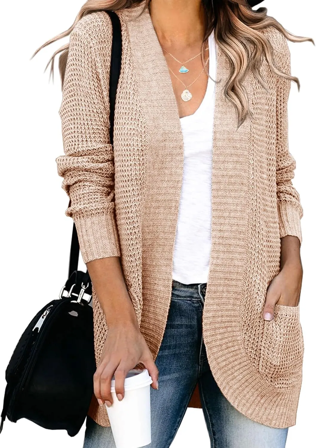 Saodimallsu Womens Loose Open Front Cardigan Long Sleeve Casual Lightweight Soft Knit Sweaters Coat with Pockets