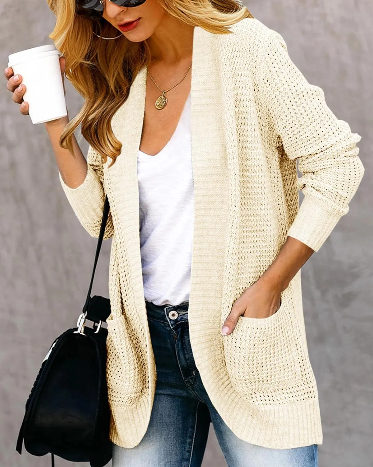 Saodimallsu Womens Loose Open Front Cardigan Long Sleeve Casual Lightweight Soft Knit Sweaters Coat with Pockets