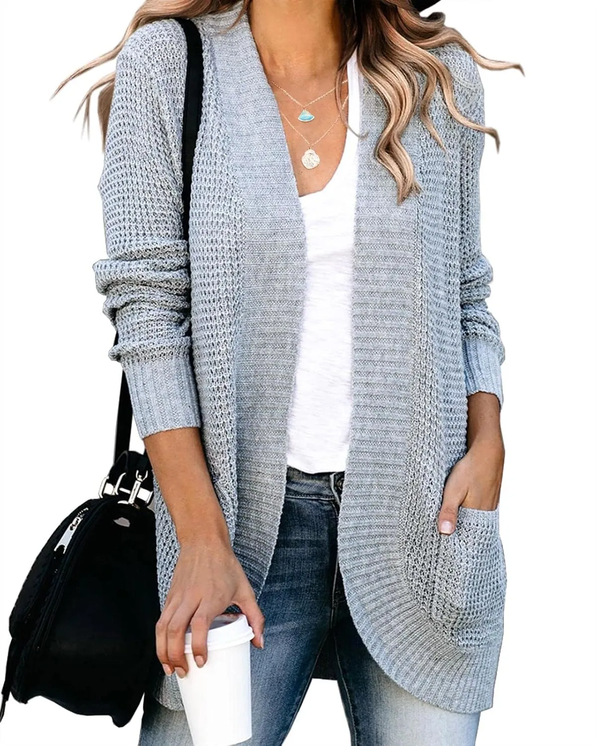 Saodimallsu Womens Loose Open Front Cardigan Long Sleeve Casual Lightweight Soft Knit Sweaters Coat with Pockets