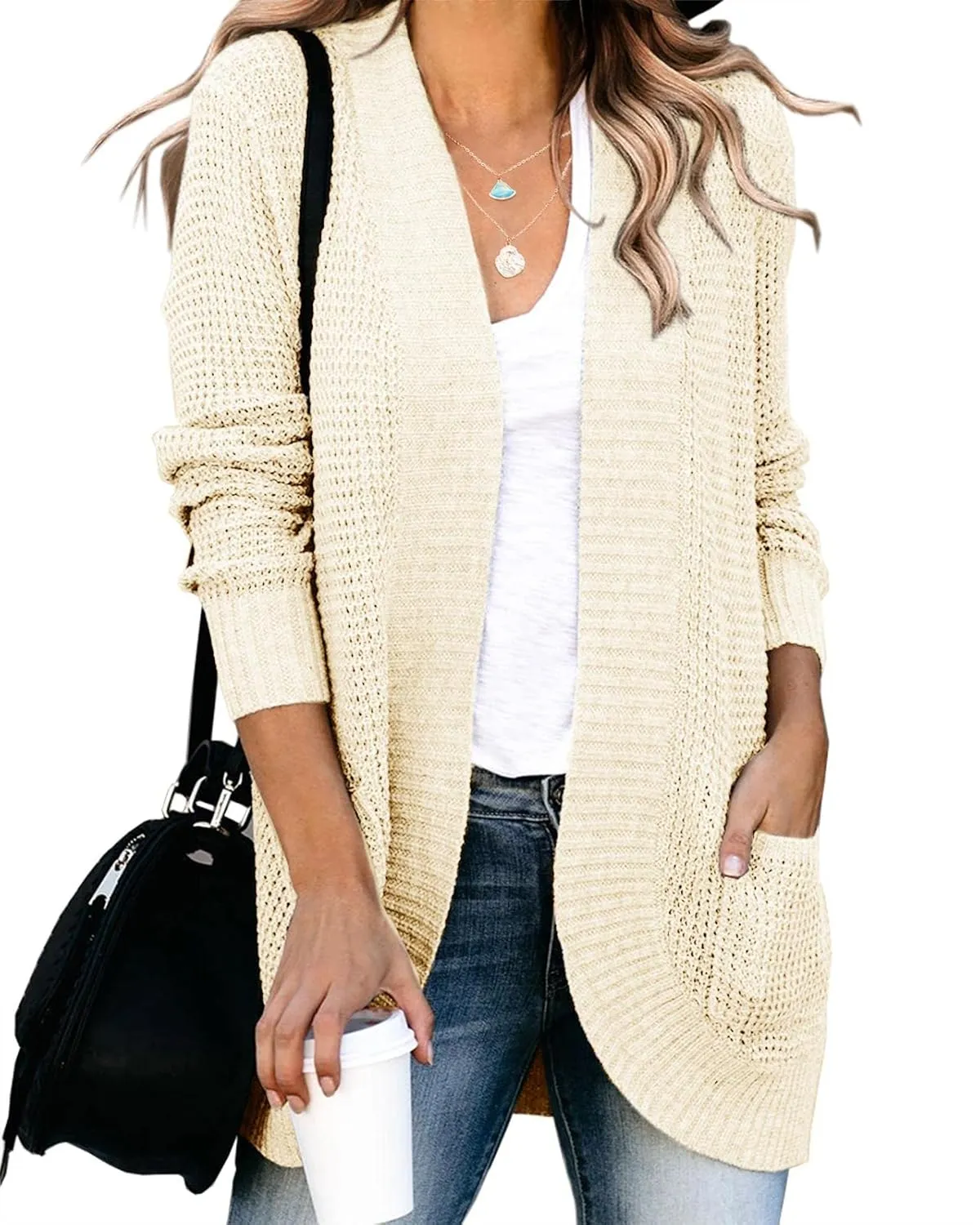 Saodimallsu Womens Loose Open Front Cardigan Long Sleeve Casual Lightweight Soft Knit Sweaters Coat with Pockets