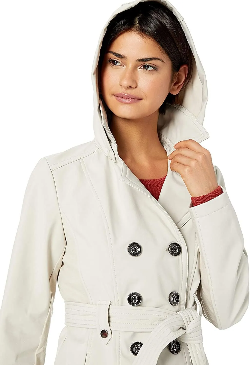 Sebby Collection Women's Soft Shell Trench Coat with Detachable Hood