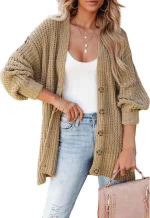 SHEWIN Women's Casual Long Sleeve Button Open Front Lightweight Cardigan Soft Cable Knit Sweater Outwear