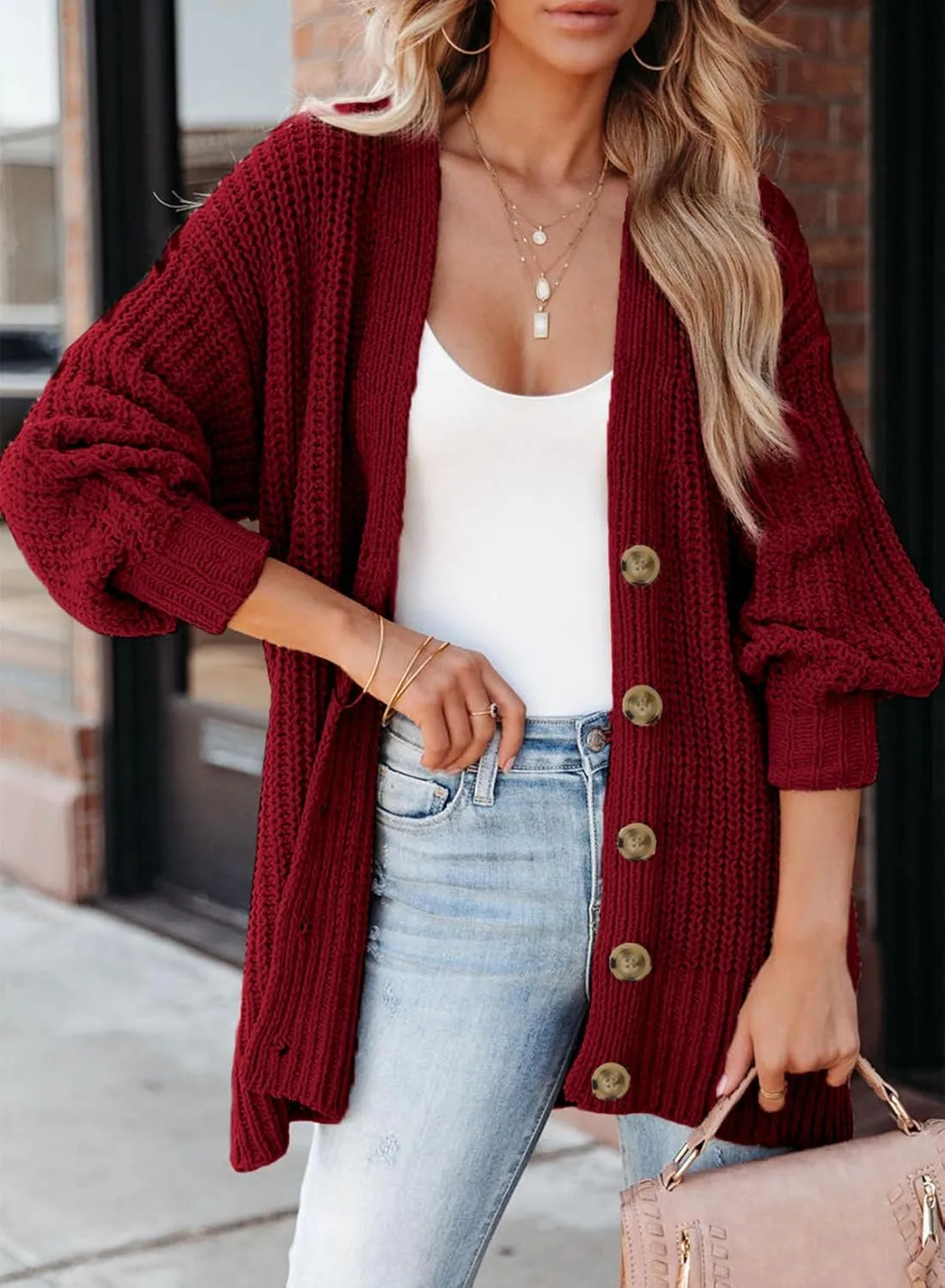 SHEWIN Women's Casual Long Sleeve Button Open Front Lightweight Cardigan Soft Cable Knit Sweater Outwear