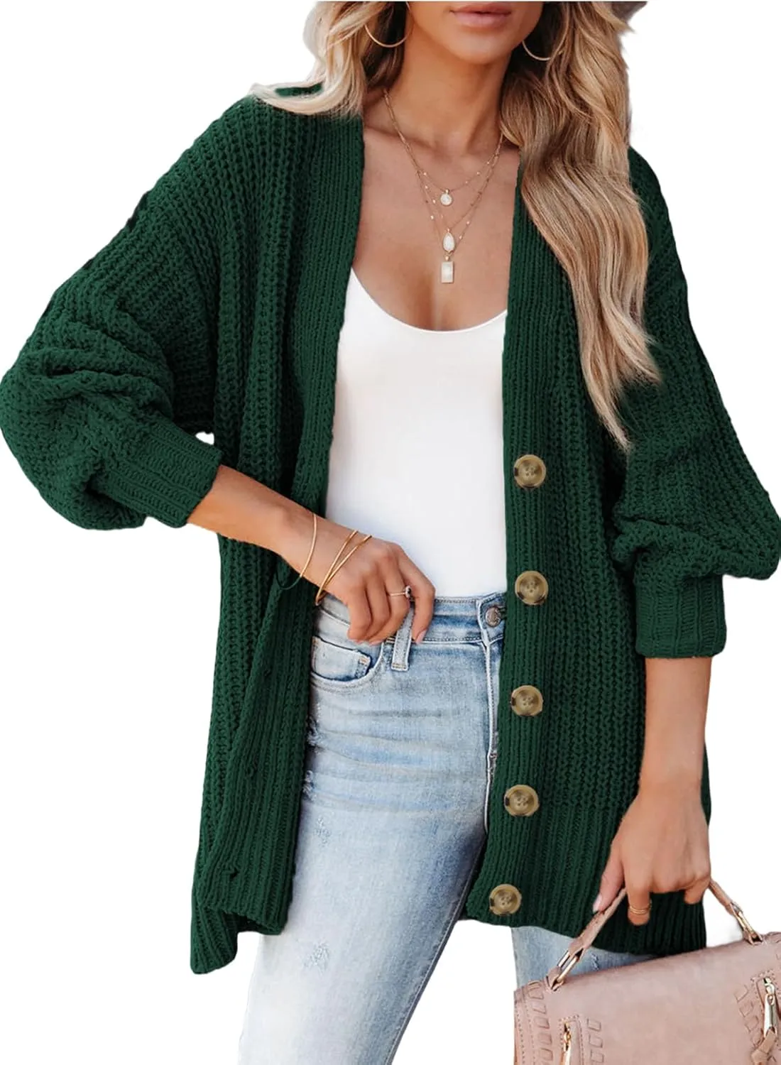 SHEWIN Women's Casual Long Sleeve Button Open Front Lightweight Cardigan Soft Cable Knit Sweater Outwear