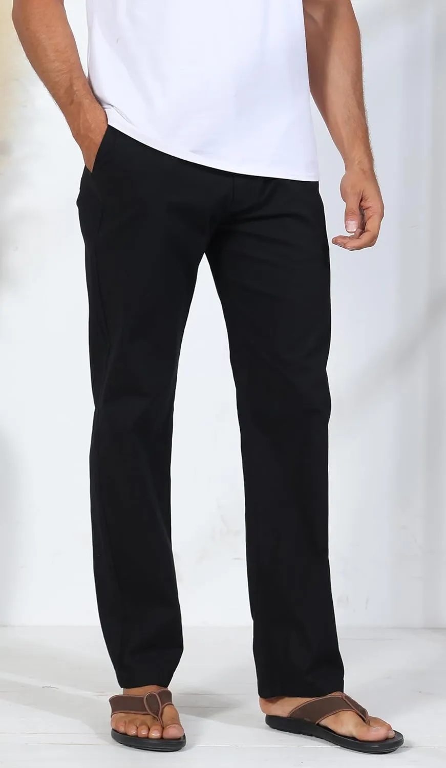 Soojun Men's Casual Linen Blend Relaxed Fit Straight Legs Elastic Waist Pants