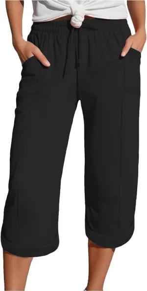 Summer Capris for Women Cotton Linen Pants Casual 2025 Loose Comfy Trendy Elastic Waist Cropped Trouser Beach Clothes
