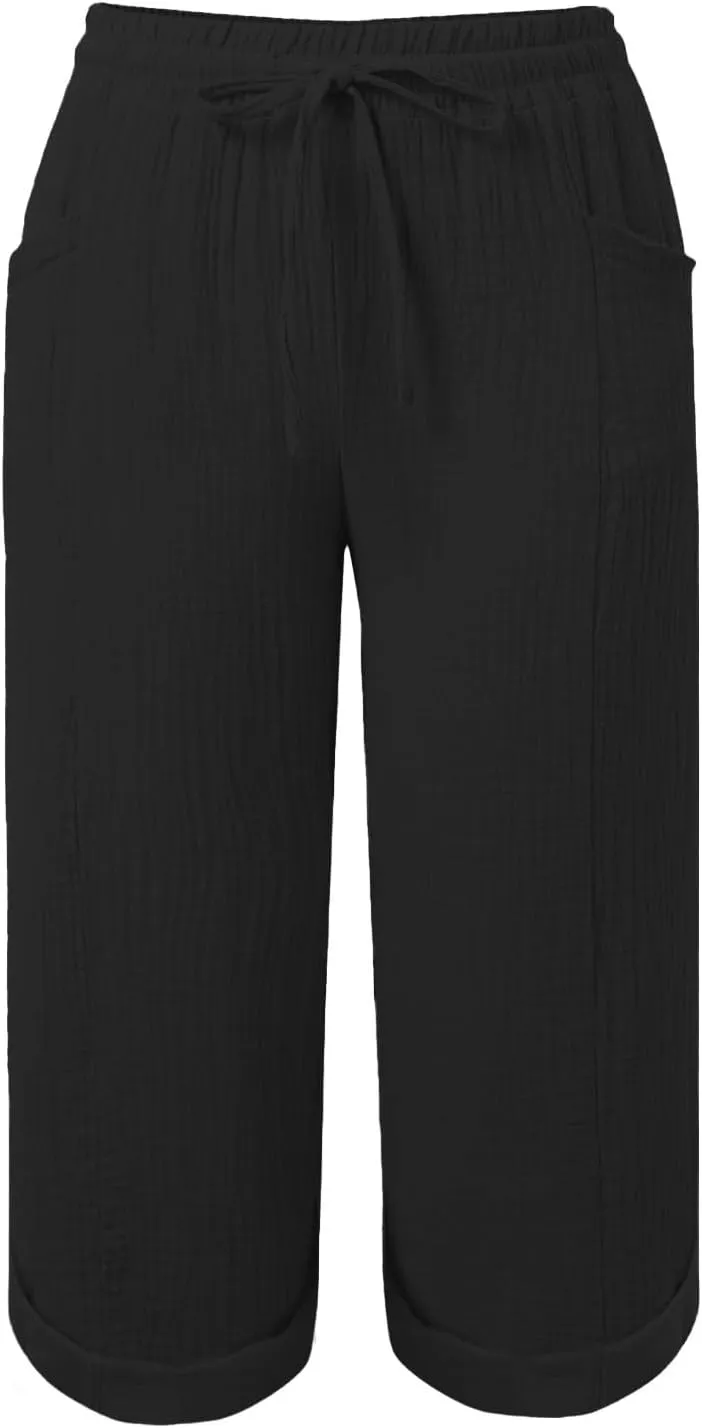 Summer Capris for Women Cotton Linen Pants Casual 2025 Loose Comfy Trendy Elastic Waist Cropped Trouser Beach Clothes