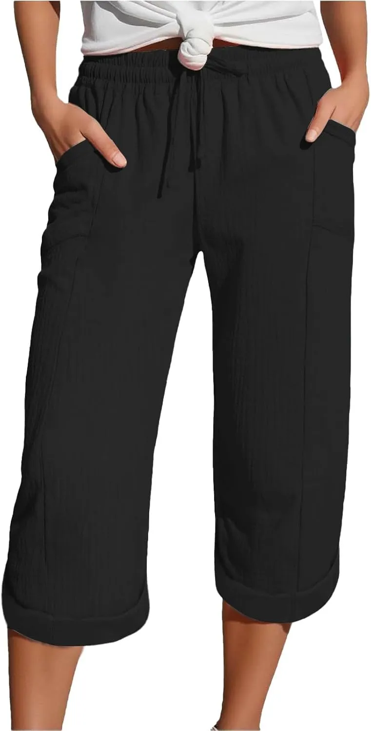 Summer Capris for Women Cotton Linen Pants Casual 2025 Loose Comfy Trendy Elastic Waist Cropped Trouser Beach Clothes