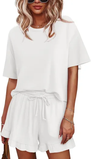 Tankaneo Womens Pajamas Set Lounge Sets Cropped Short Sleeve T Shirts Drawstring Ruffle Shorts Soft Sleepwear
