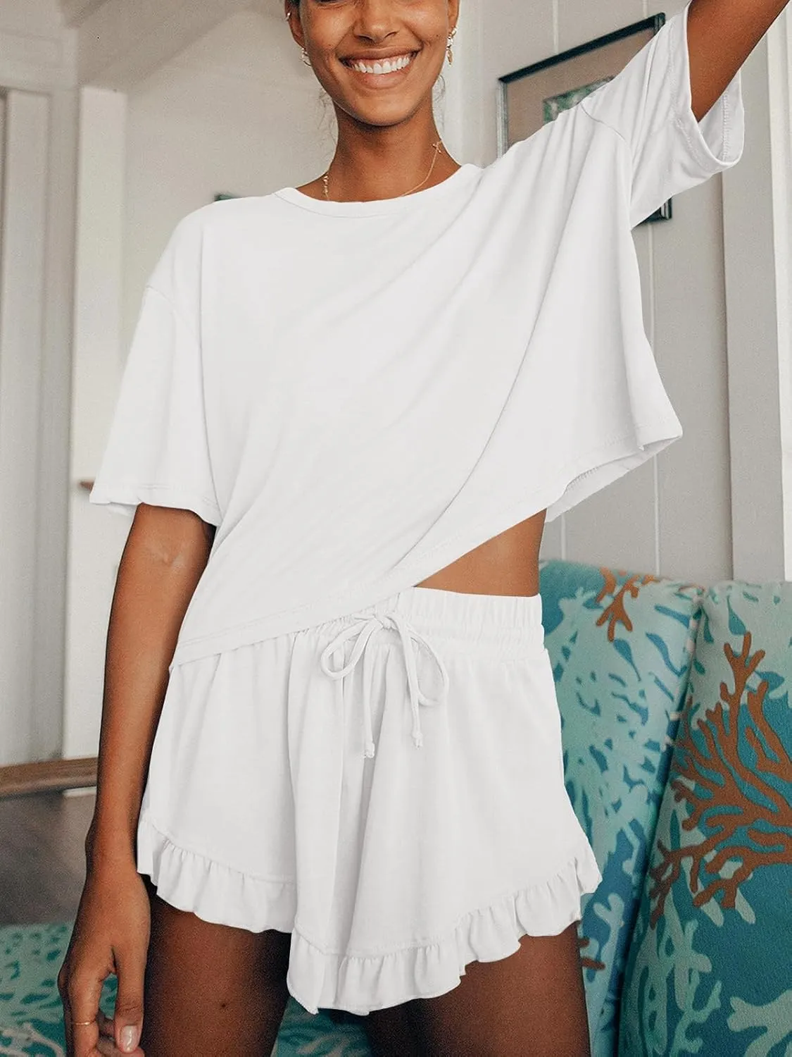 Tankaneo Womens Pajamas Set Lounge Sets Cropped Short Sleeve T Shirts Drawstring Ruffle Shorts Soft Sleepwear