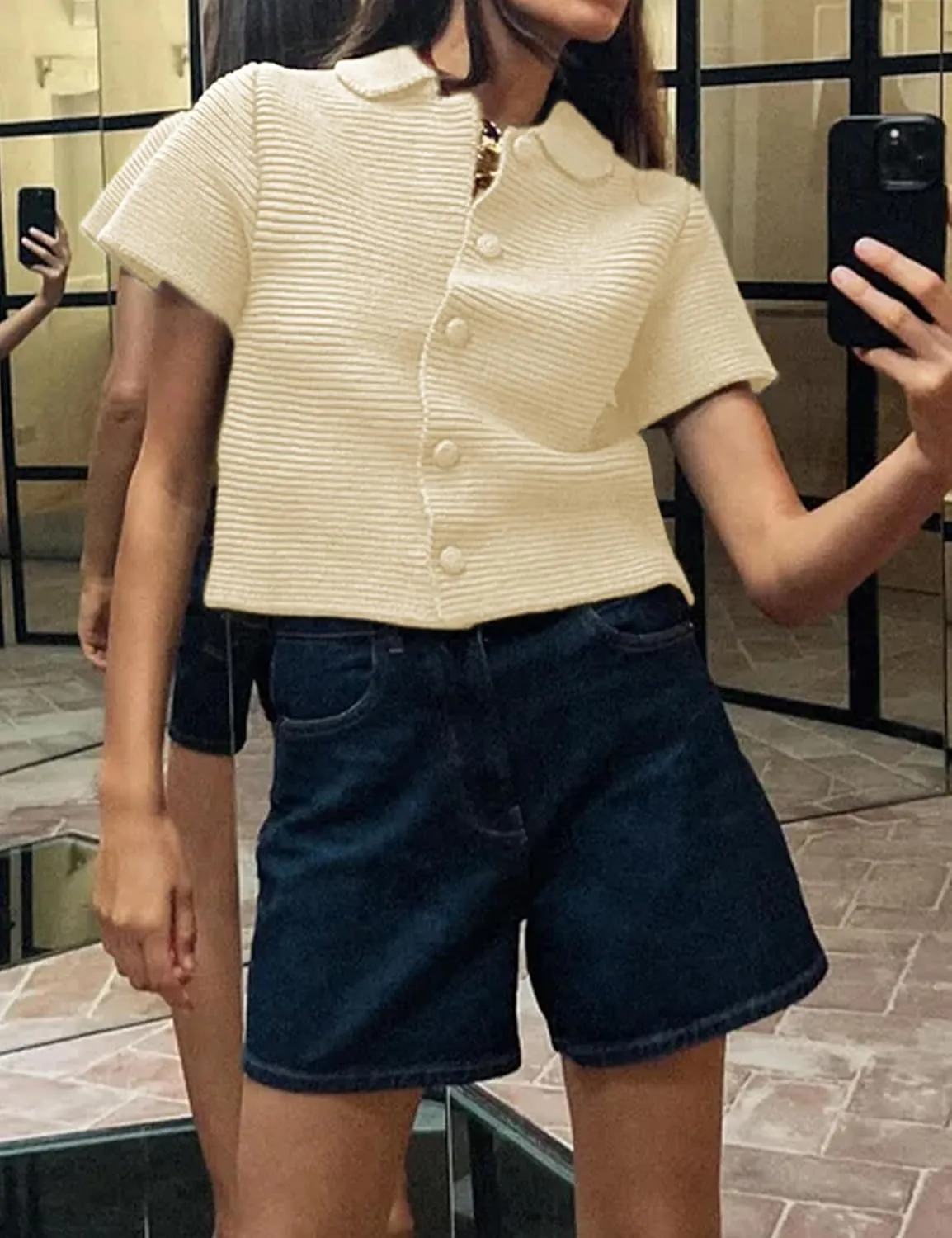 Tanming Womens Cardigan Sweaters Soft Chunky Knit Top Short Sleeve Button Loose Outerwear Sweater