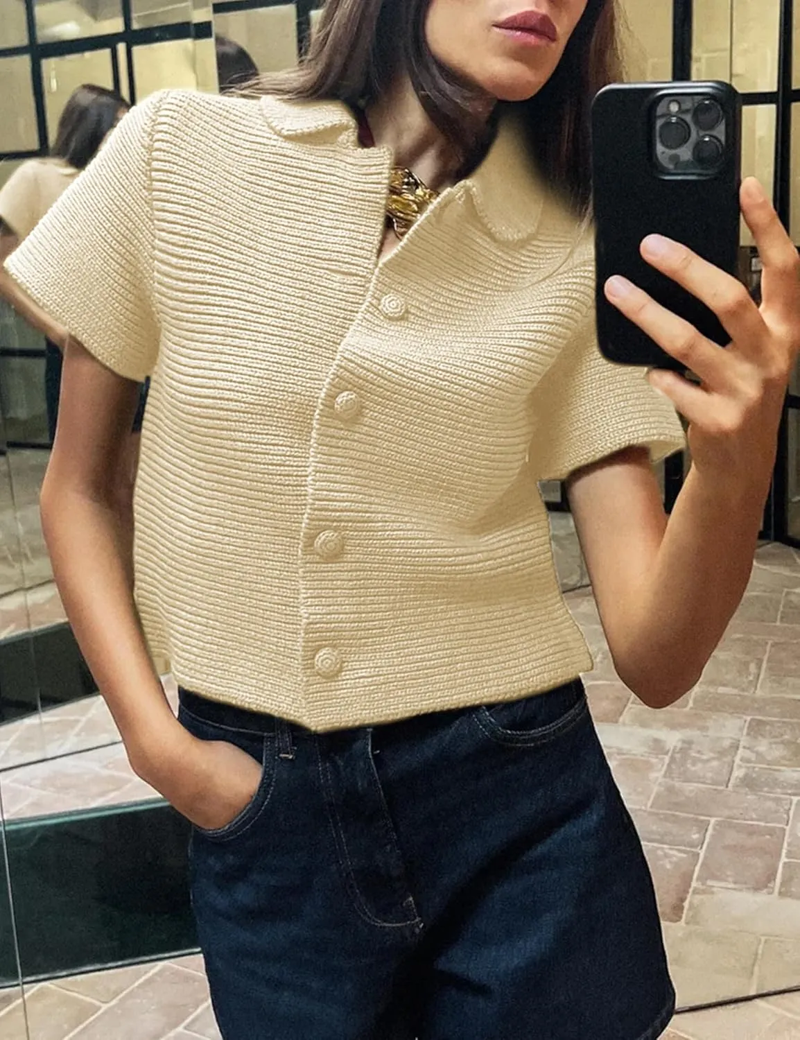 Tanming Womens Cardigan Sweaters Soft Chunky Knit Top Short Sleeve Button Loose Outerwear Sweater