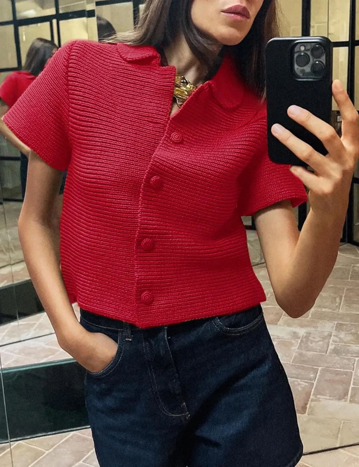 Tanming Womens Cardigan Sweaters Soft Chunky Knit Top Short Sleeve Button Loose Outerwear Sweater