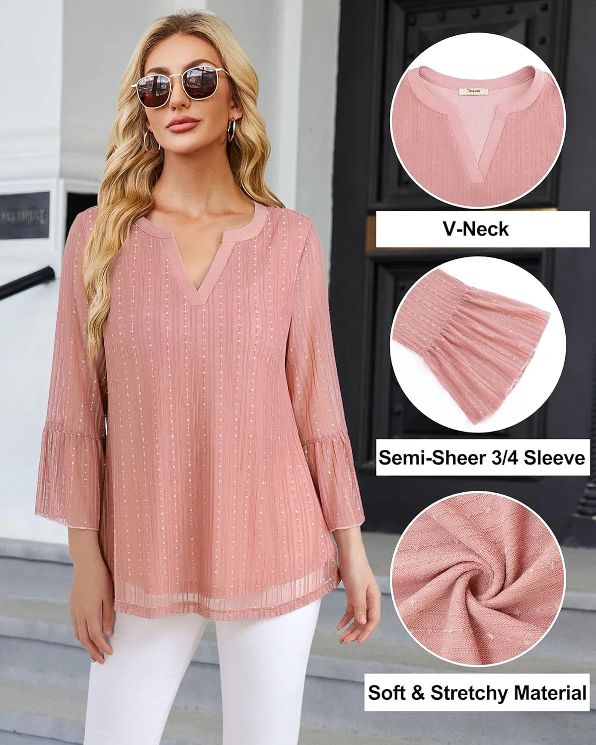 Timeson Women's 3/4 Sleeve Tops and Blouses V Neck Business Casual Shirts Dressy Tunics