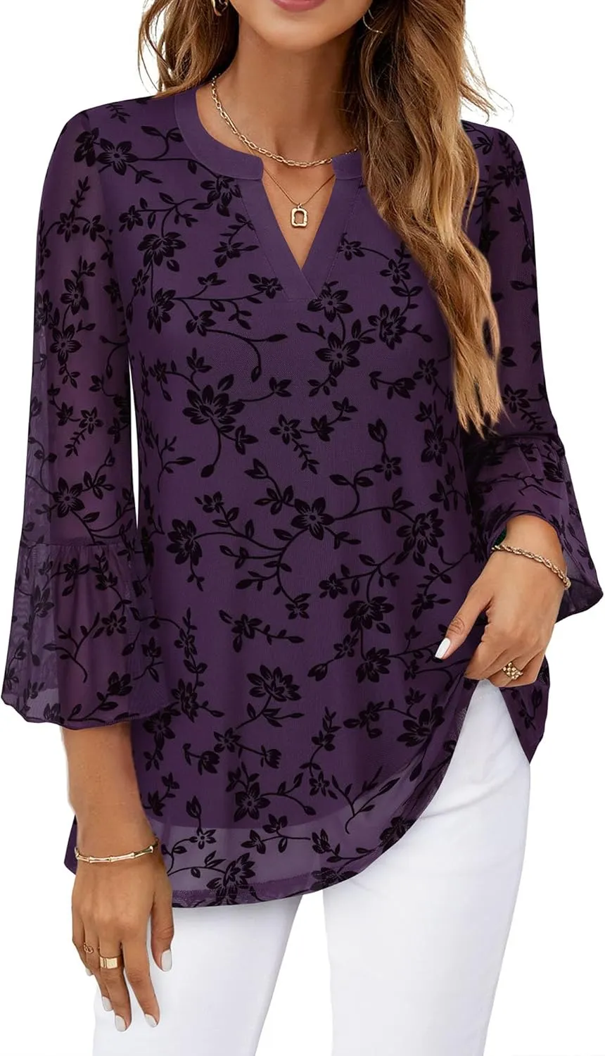 Timeson Women's 3/4 Sleeve Tops and Blouses V Neck Business Casual Shirts Dressy Tunics