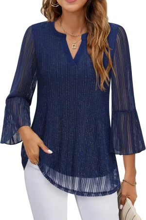Timeson Women's 3/4 Sleeve Tops and Blouses V Neck Business Casual Shirts Dressy Tunics