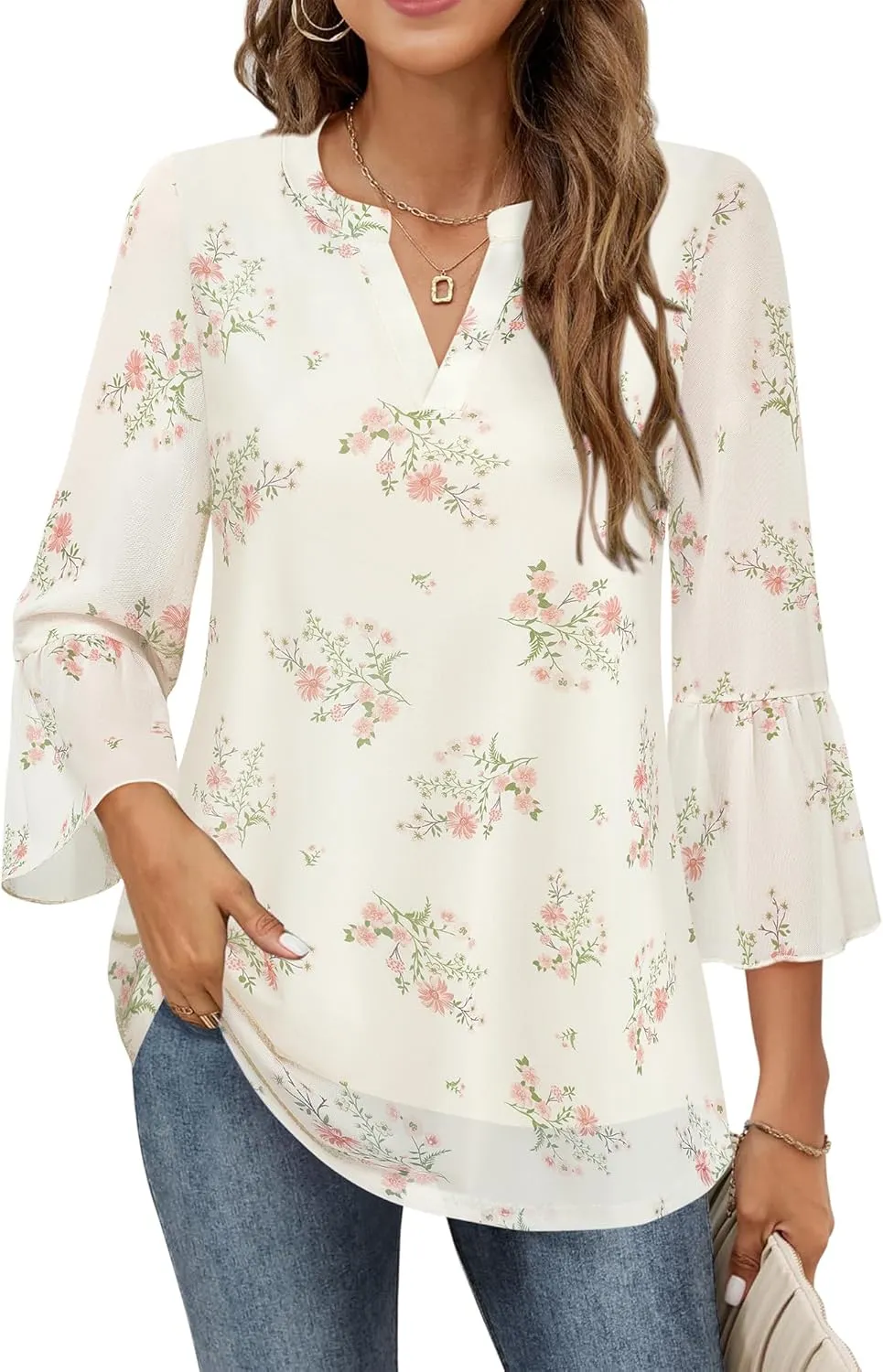 Timeson Women's 3/4 Sleeve Tops and Blouses V Neck Business Casual Shirts Dressy Tunics