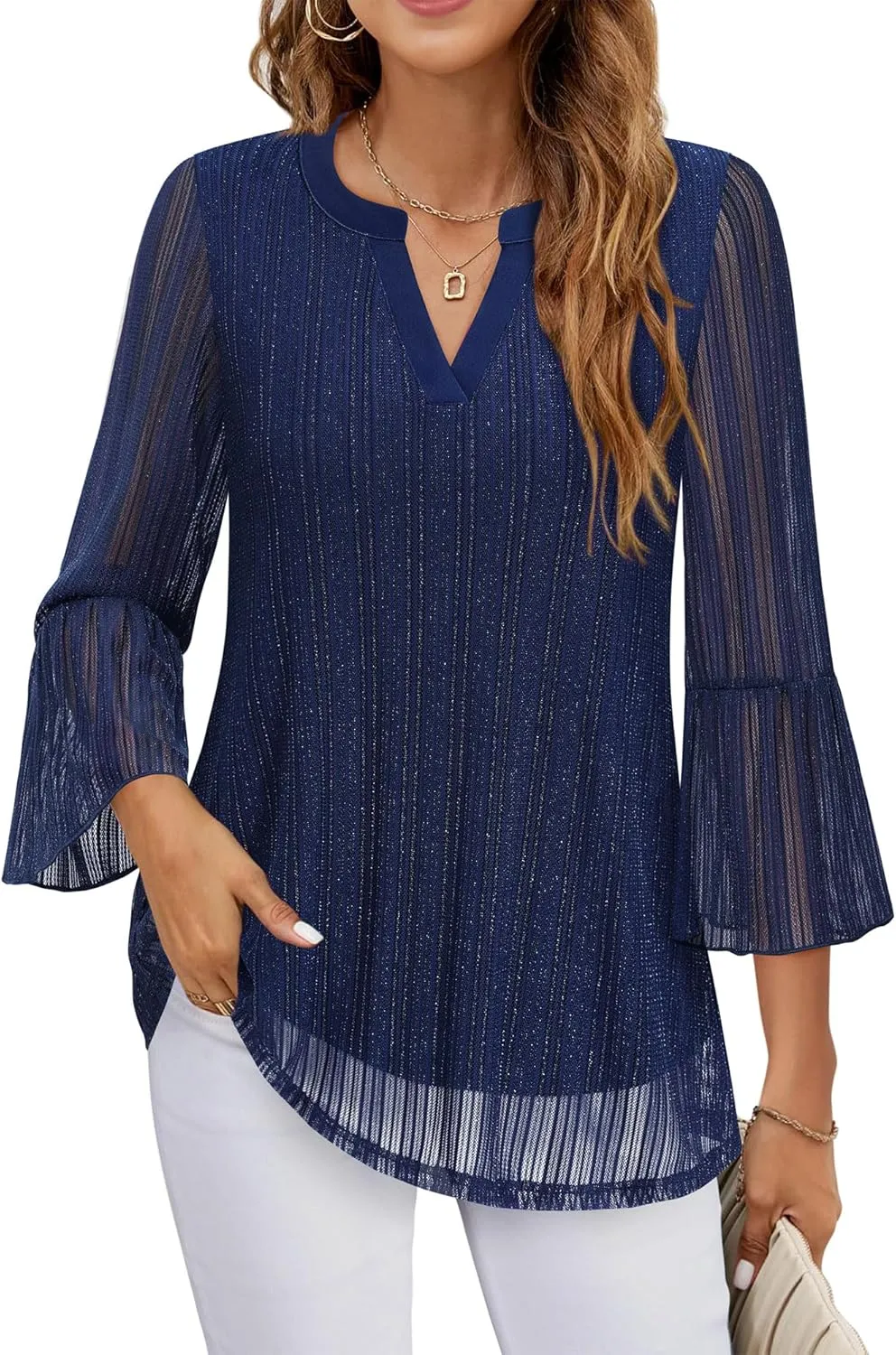 Timeson Women's 3/4 Sleeve Tops and Blouses V Neck Business Casual Shirts Dressy Tunics