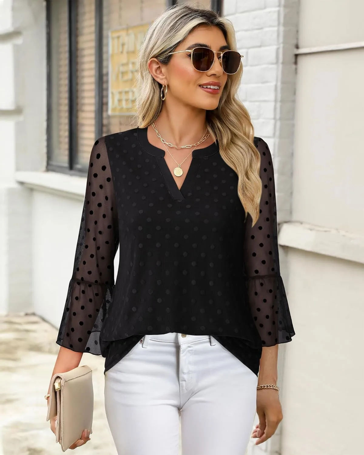 Timeson Women's 3/4 Sleeve Tops and Blouses V Neck Business Casual Shirts Dressy Tunics
