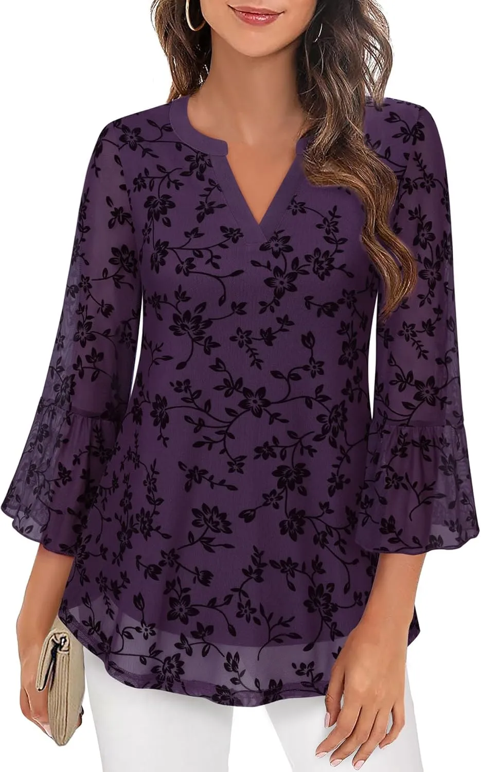 Timeson Women's 3/4 Sleeve Tops and Blouses V Neck Business Casual Shirts Dressy Tunics