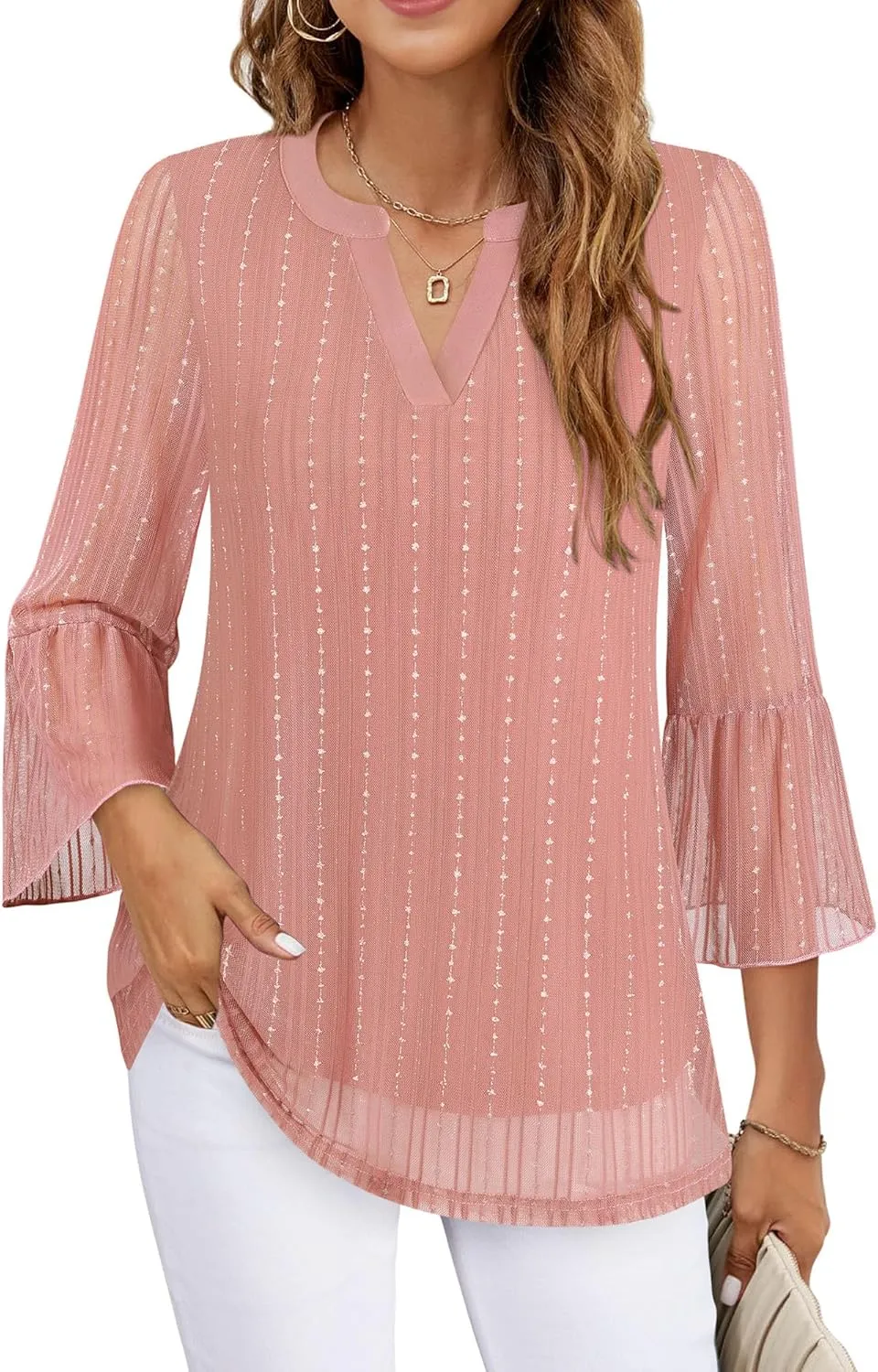 Timeson Women's 3/4 Sleeve Tops and Blouses V Neck Business Casual Shirts Dressy Tunics
