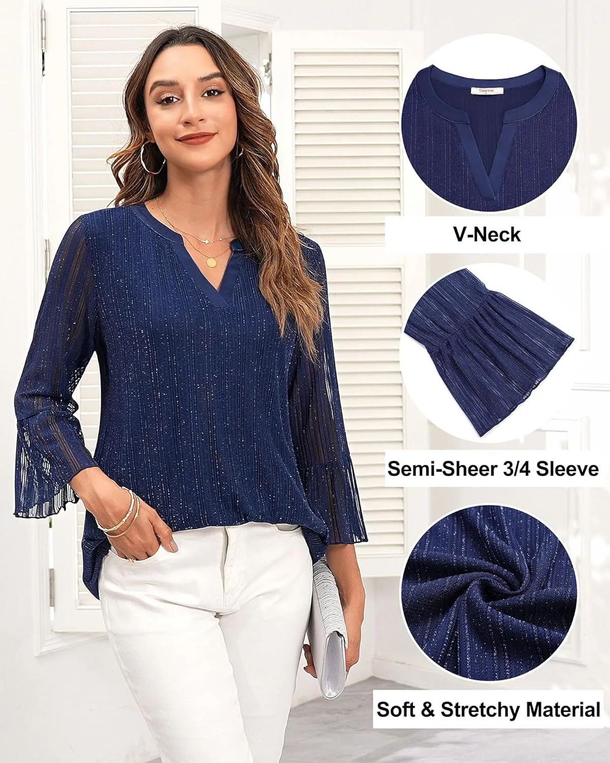 Timeson Women's 3/4 Sleeve Tops and Blouses V Neck Business Casual Shirts Dressy Tunics