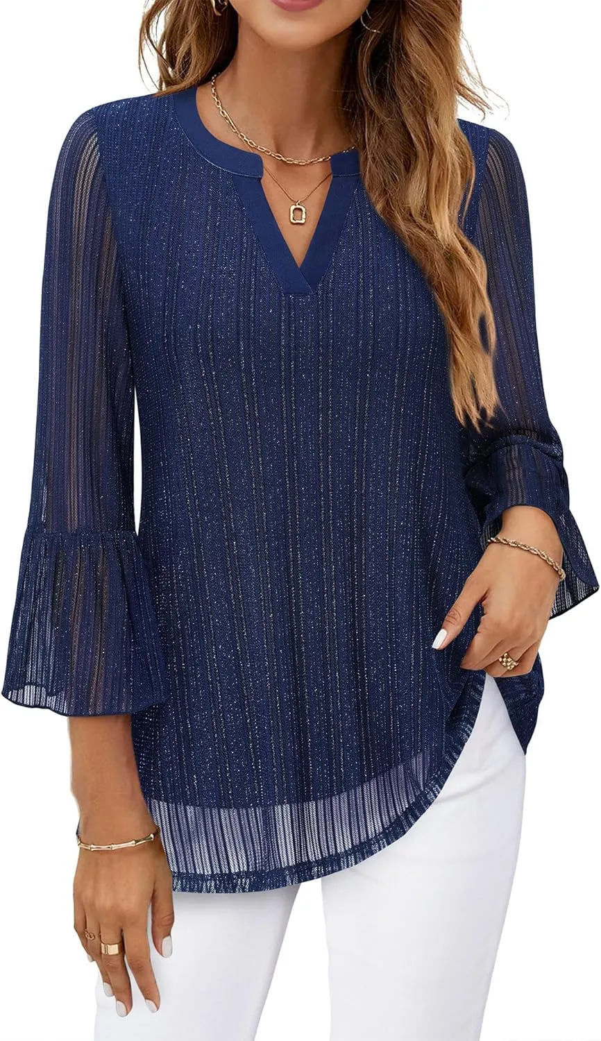 Timeson Women's 3/4 Sleeve Tops and Blouses V Neck Business Casual Shirts Dressy Tunics