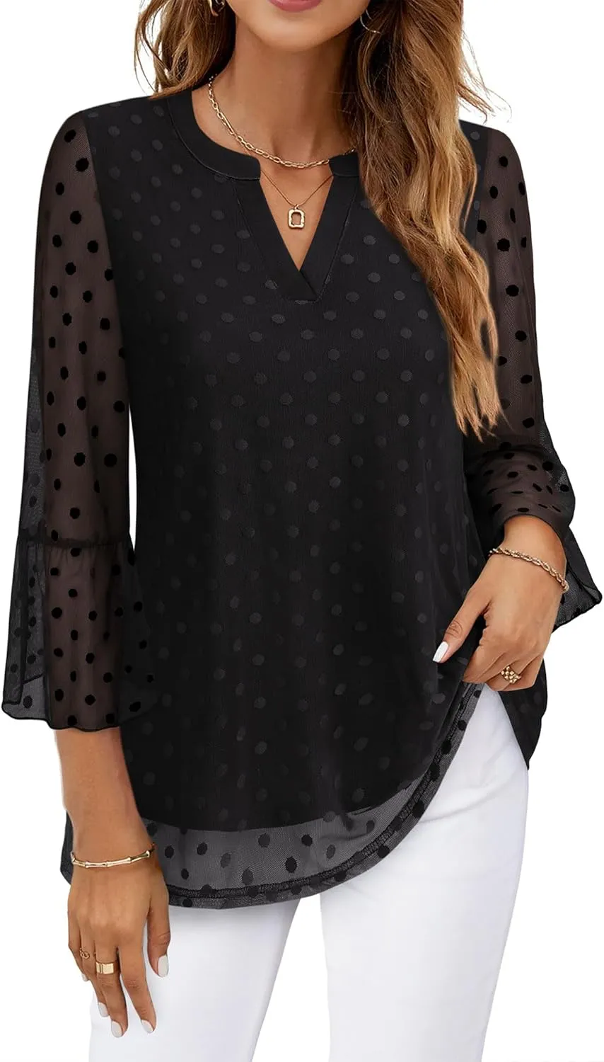 Timeson Women's 3/4 Sleeve Tops and Blouses V Neck Business Casual Shirts Dressy Tunics