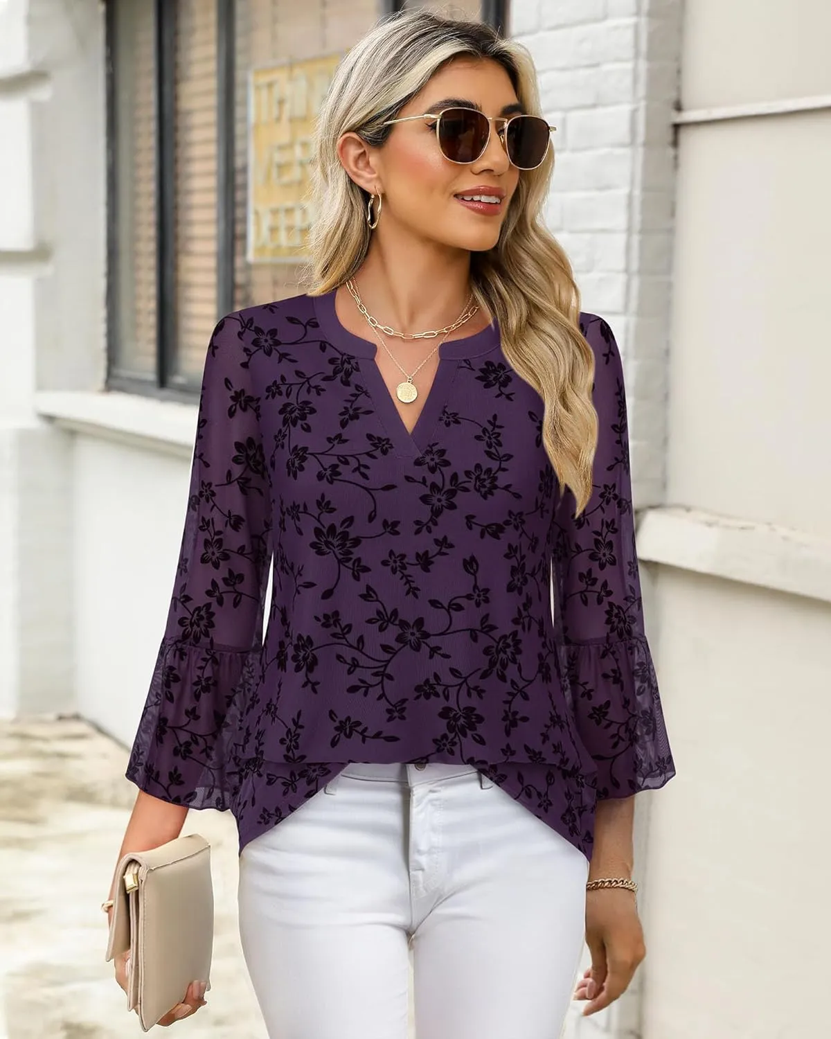 Timeson Women's 3/4 Sleeve Tops and Blouses V Neck Business Casual Shirts Dressy Tunics