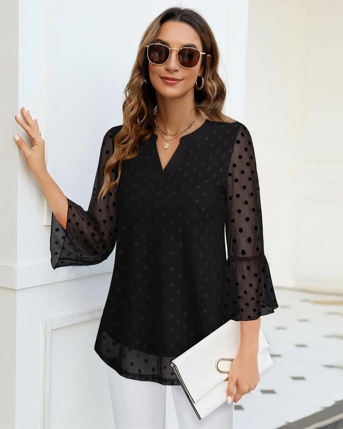Timeson Women's 3/4 Sleeve Tops and Blouses V Neck Business Casual Shirts Dressy Tunics