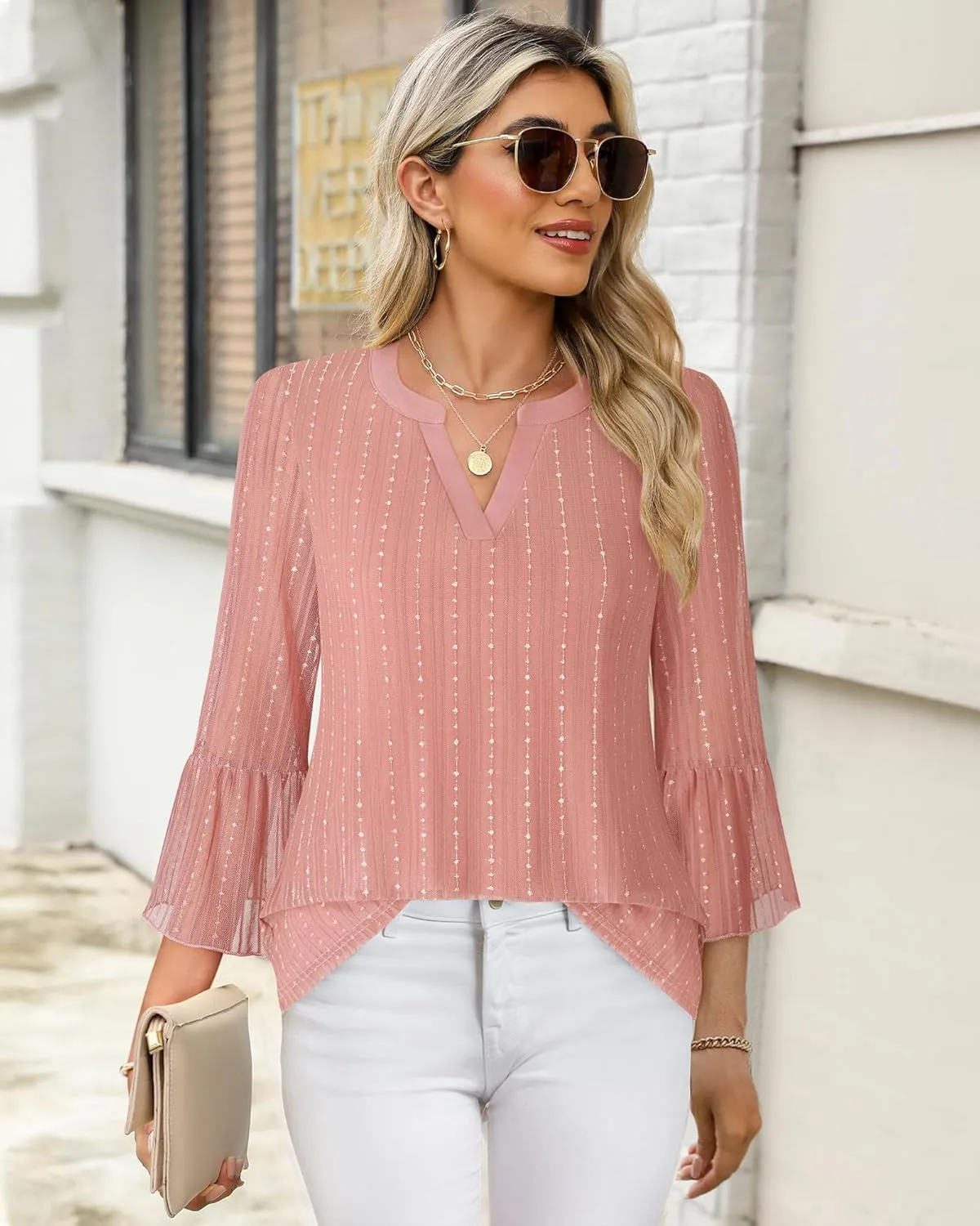 Timeson Women's 3/4 Sleeve Tops and Blouses V Neck Business Casual Shirts Dressy Tunics