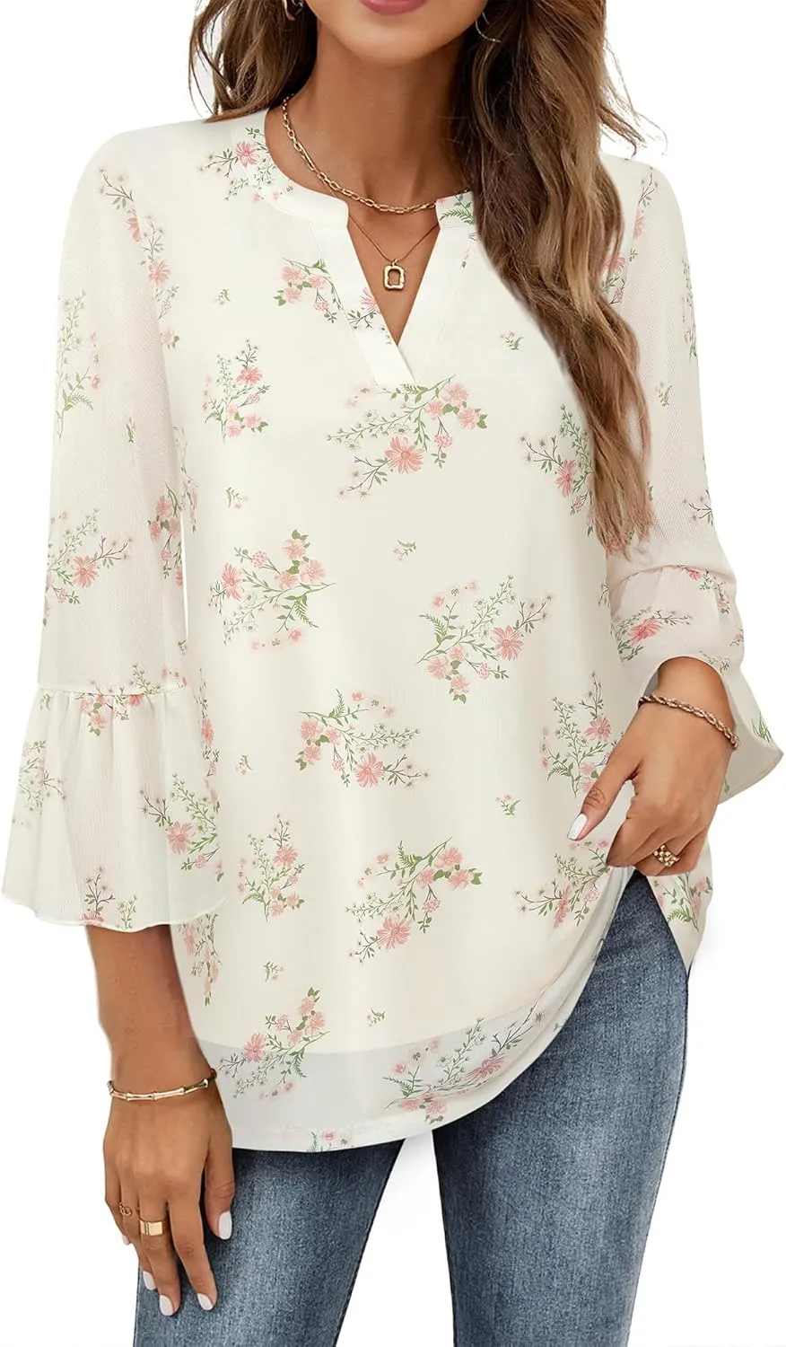 Timeson Women's 3/4 Sleeve Tops and Blouses V Neck Business Casual Shirts Dressy Tunics