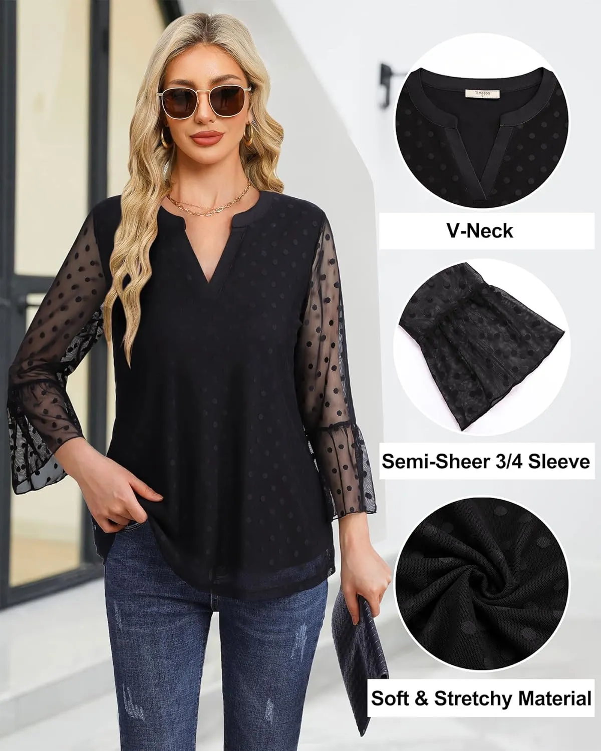 Timeson Women's 3/4 Sleeve Tops and Blouses V Neck Business Casual Shirts Dressy Tunics