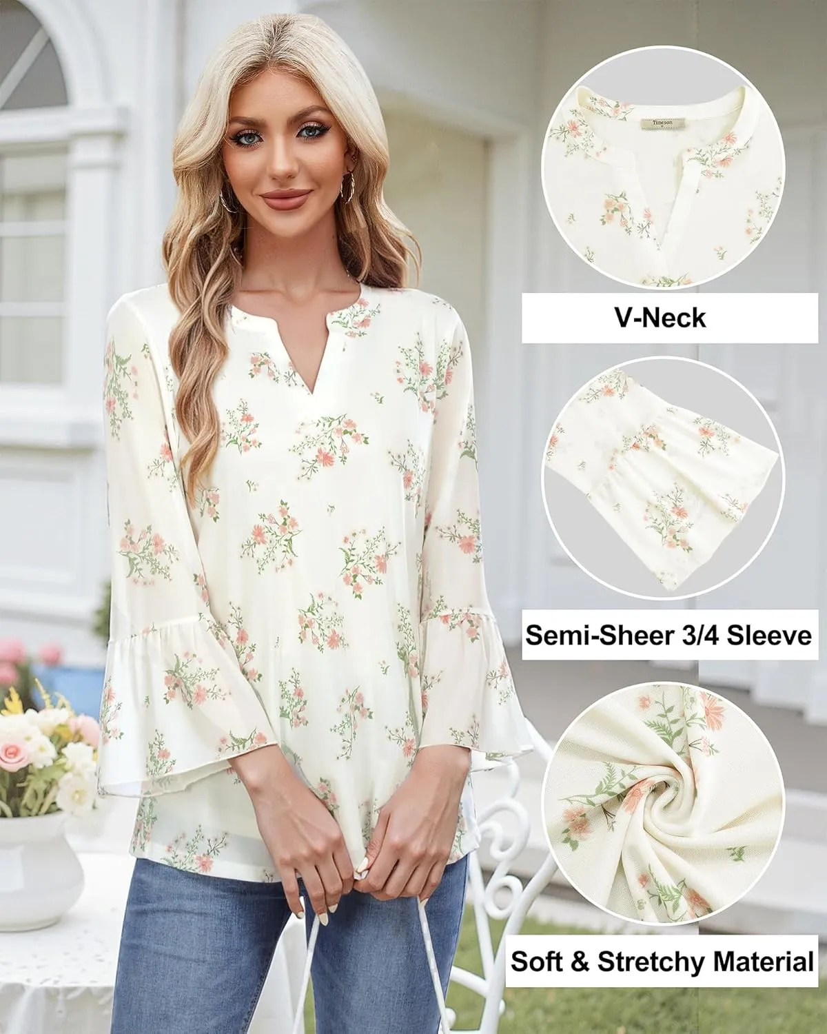 Timeson Women's 3/4 Sleeve Tops and Blouses V Neck Business Casual Shirts Dressy Tunics