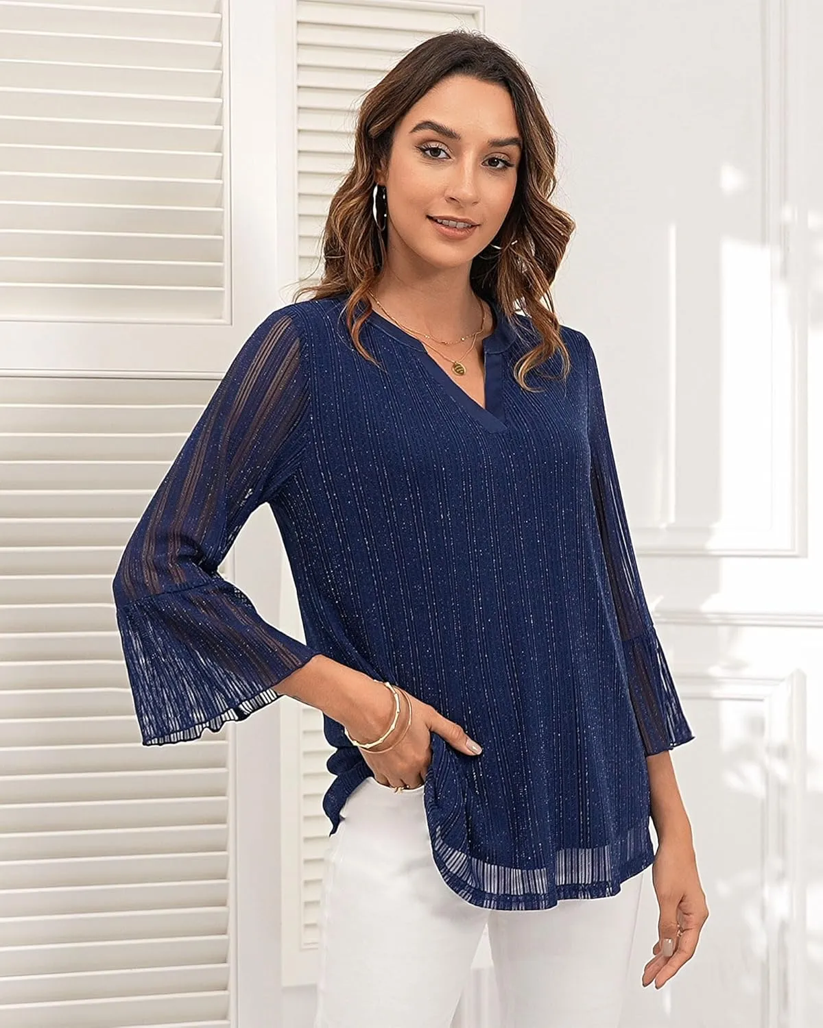 Timeson Women's 3/4 Sleeve Tops and Blouses V Neck Business Casual Shirts Dressy Tunics