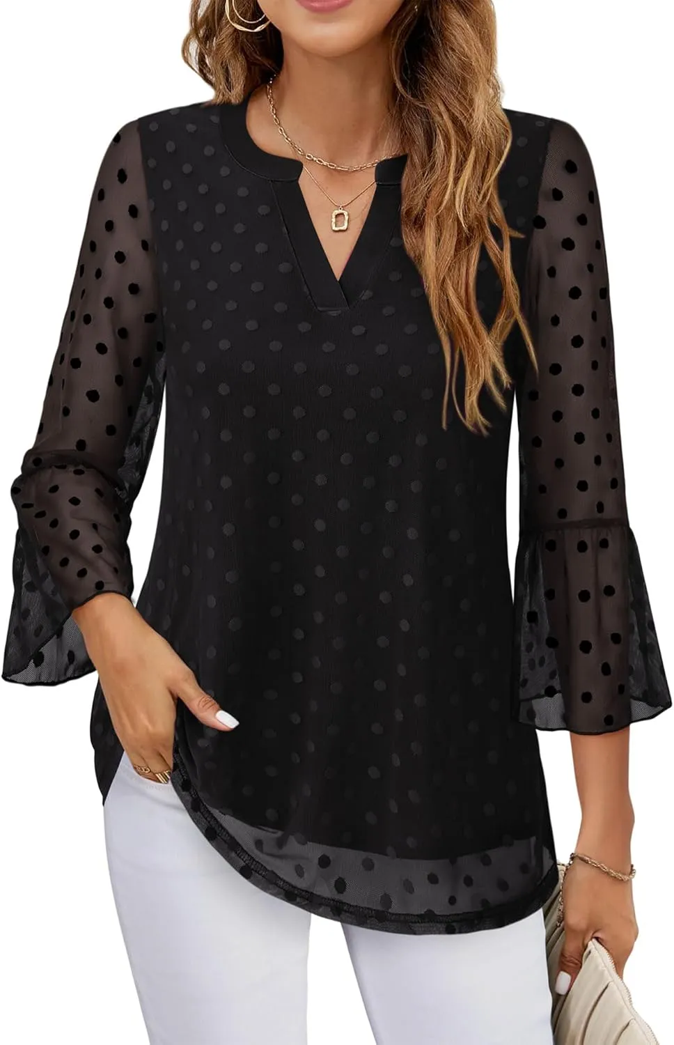 Timeson Women's 3/4 Sleeve Tops and Blouses V Neck Business Casual Shirts Dressy Tunics