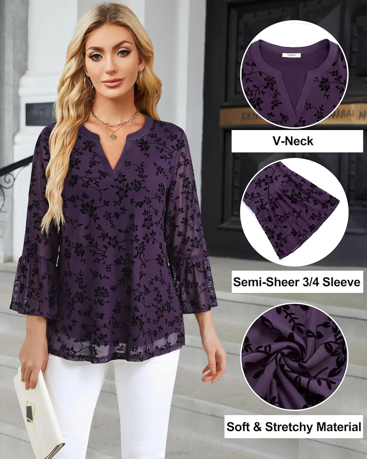 Timeson Women's 3/4 Sleeve Tops and Blouses V Neck Business Casual Shirts Dressy Tunics