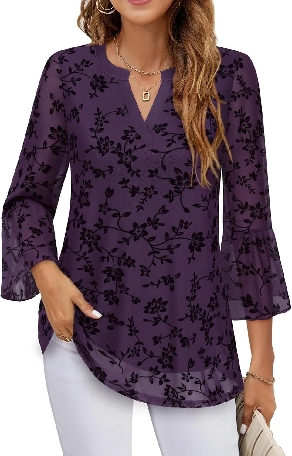 Timeson Women's 3/4 Sleeve Tops and Blouses V Neck Business Casual Shirts Dressy Tunics