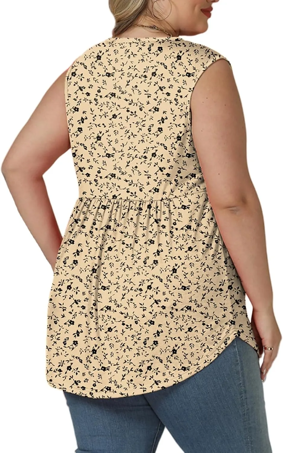 VISLILY Womens-Plus-Size-Sleeveless-Henley-Shirts Casual V Neck Summer Tank Tops Flowy Pleated Tunics Cute Buttons Up Blouses