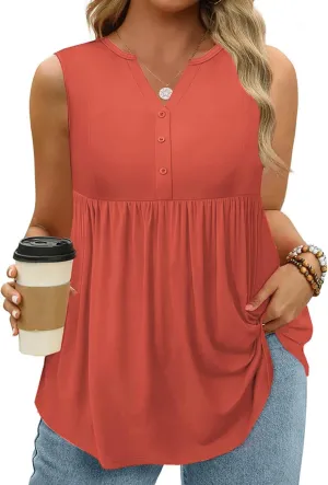 VISLILY Womens-Plus-Size-Sleeveless-Henley-Shirts Casual V Neck Summer Tank Tops Flowy Pleated Tunics Cute Buttons Up Blouses